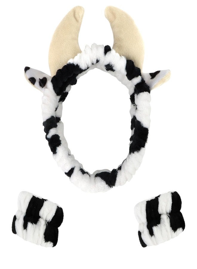 CAVETEE 3 Piece Hairband and Wristband Set, Black&white Cow Horn, Spa Cosmetic Elastic Makeup Headband and Wristband for Women Girl Wash Face Skincare Makeup Shower Spa Headband - Image 1